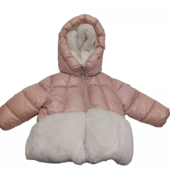 Michael Kors Other - Michael Kors Girls Pink & White Hooded Puffy Puffer Coat Size 12M Faux Fur Lined